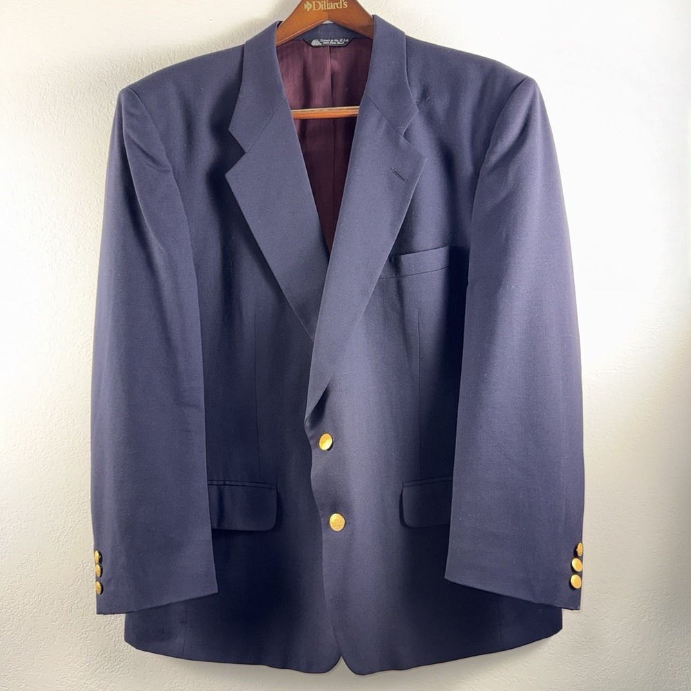 Neiman Marcus 100% Virgin Wool Mens Navy Blue Blazer Size 42R Gold Buttons *PICS